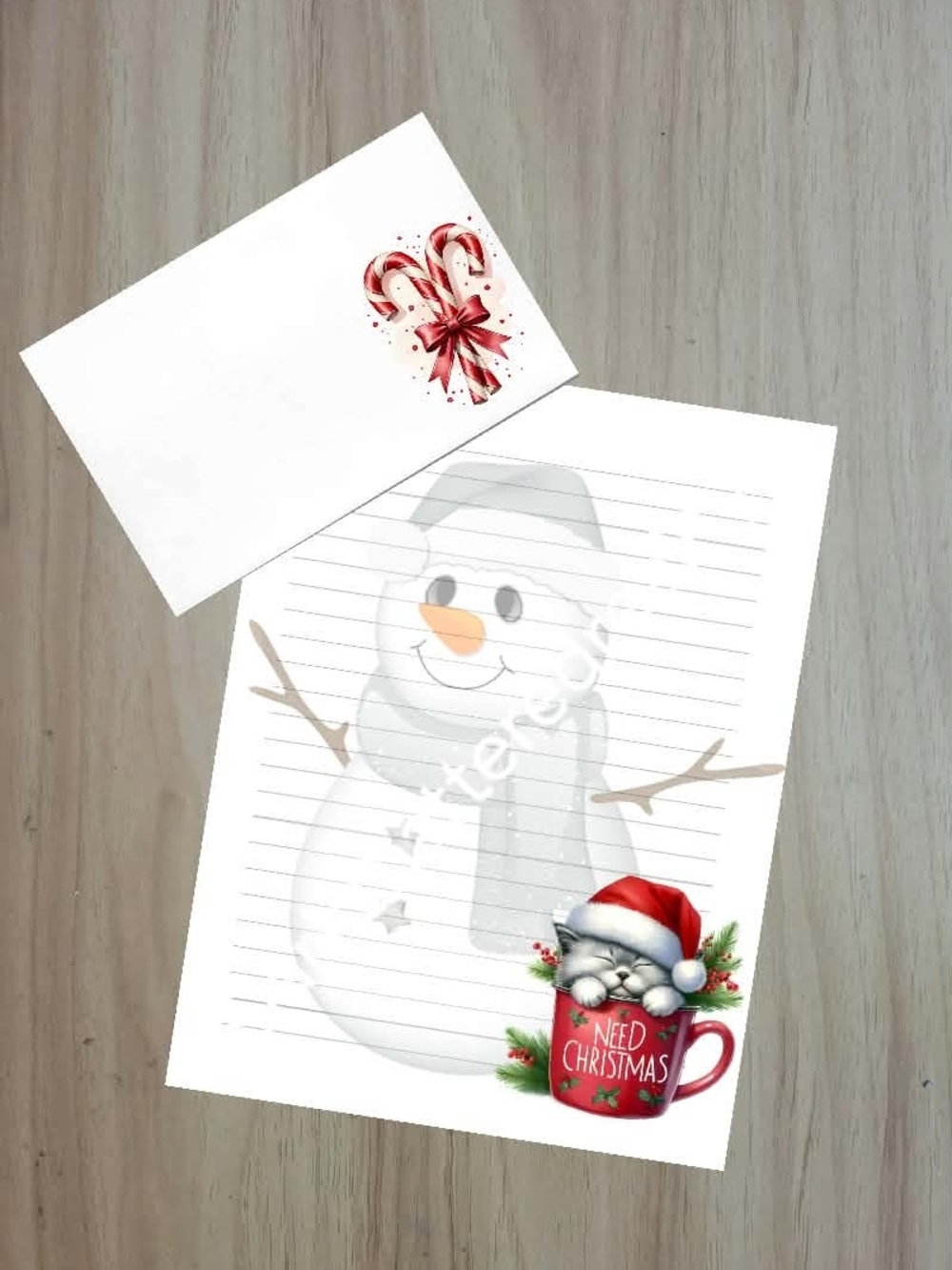 🖤NEW🖤 24pc Hand Crafted White Snowman & Red Holiday Cat Mug Stationery Set